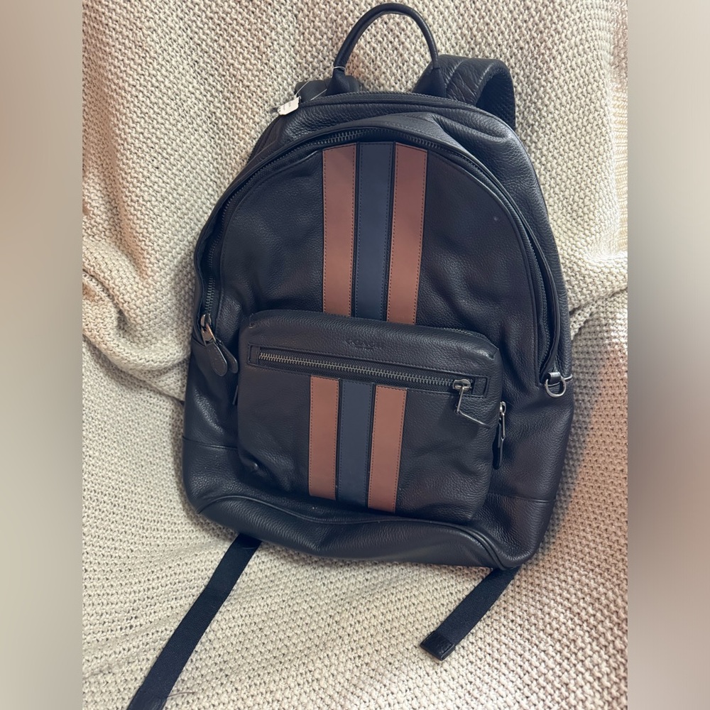 Coach Black Leather Backpack with Brown and Navy Stripes